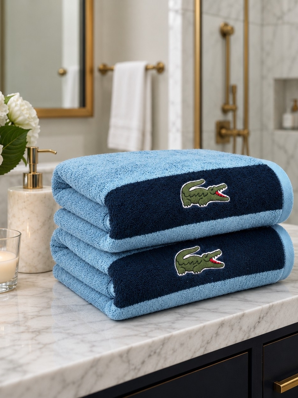 Lacoste Light Blue & Navy Cotton Bath Towels - Set of 2